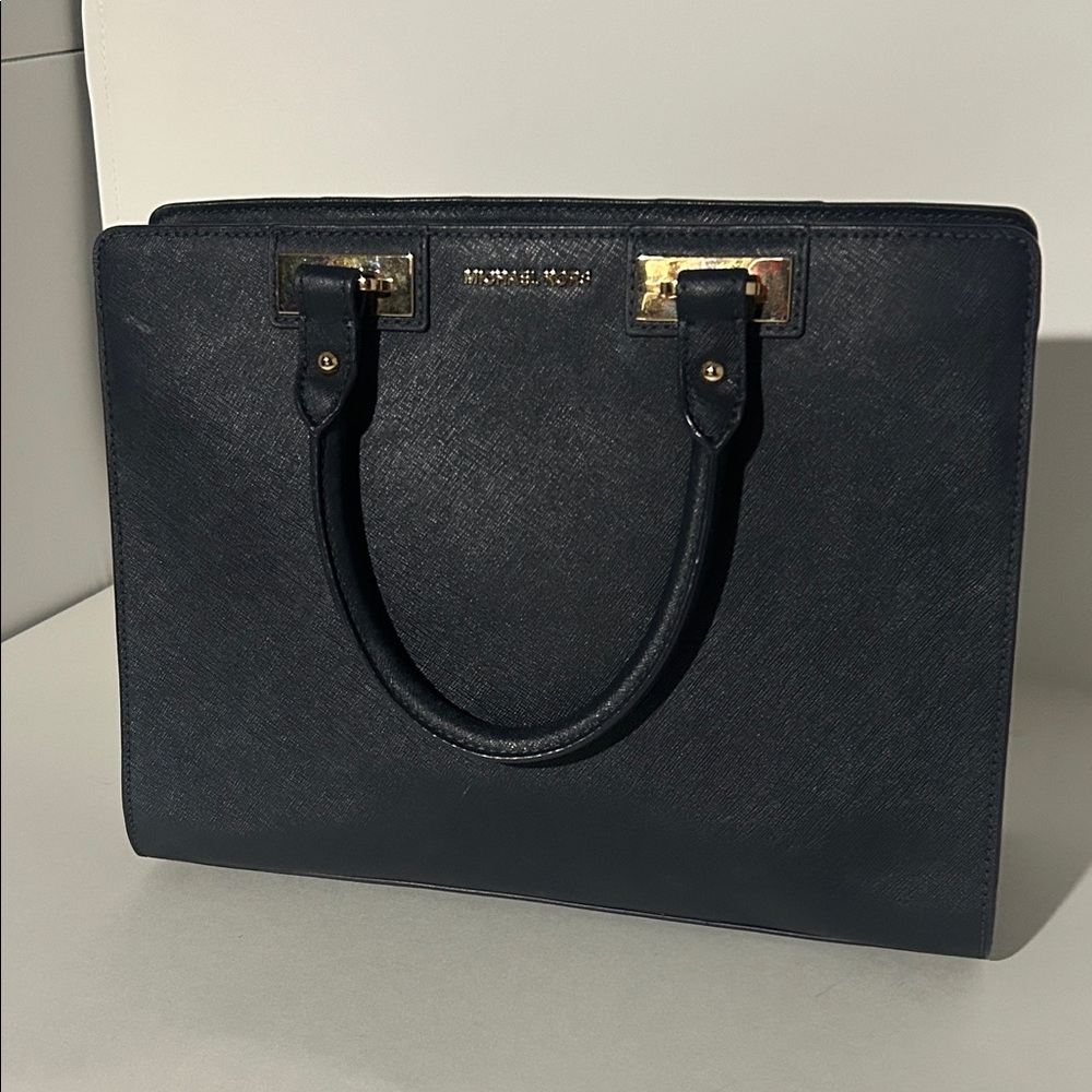 Michael Kors Navy Leather Handbag with Gold Accents